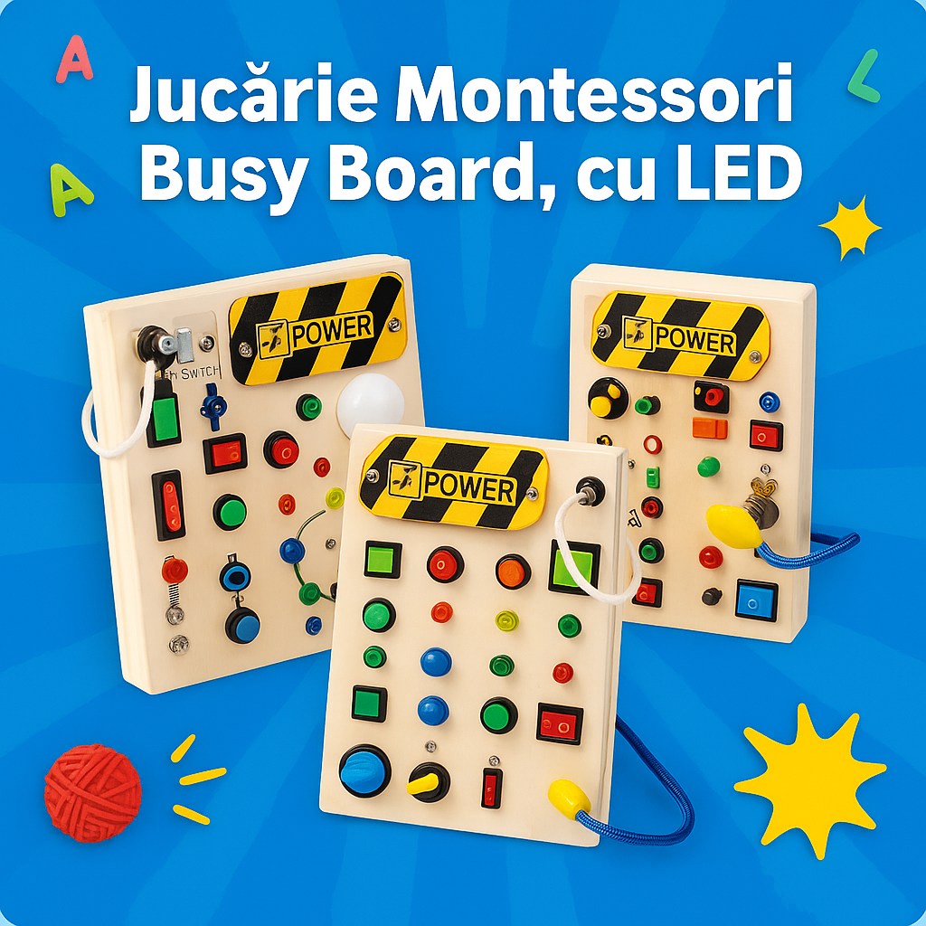 Jucărie Montessori Busy Board cu LED din lemn